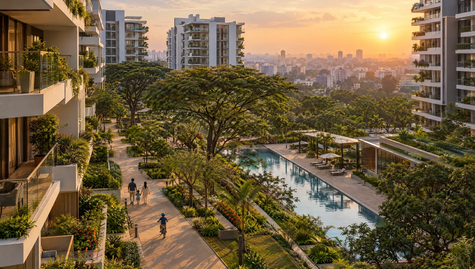 A new residential community in Bengaluru at sunset, with white towers, a long pool, rain trees and a family walking in the garden.
