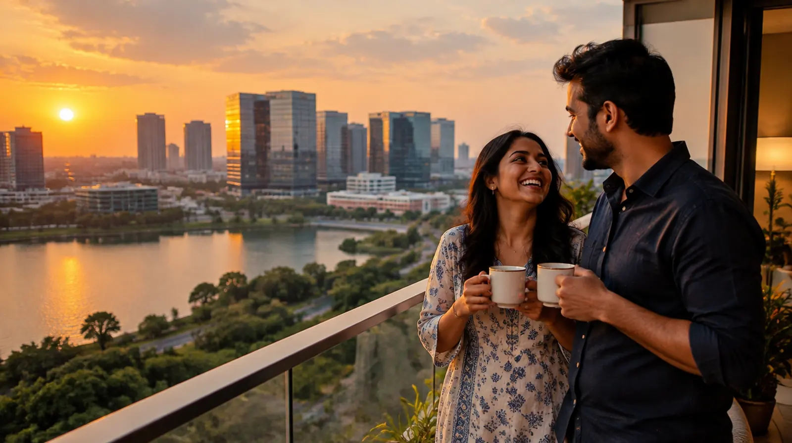 A couple laugh over cups of tea on the balcony of their new flat in Hyderabad, with glass office towers and a lake glowing at sunset.
