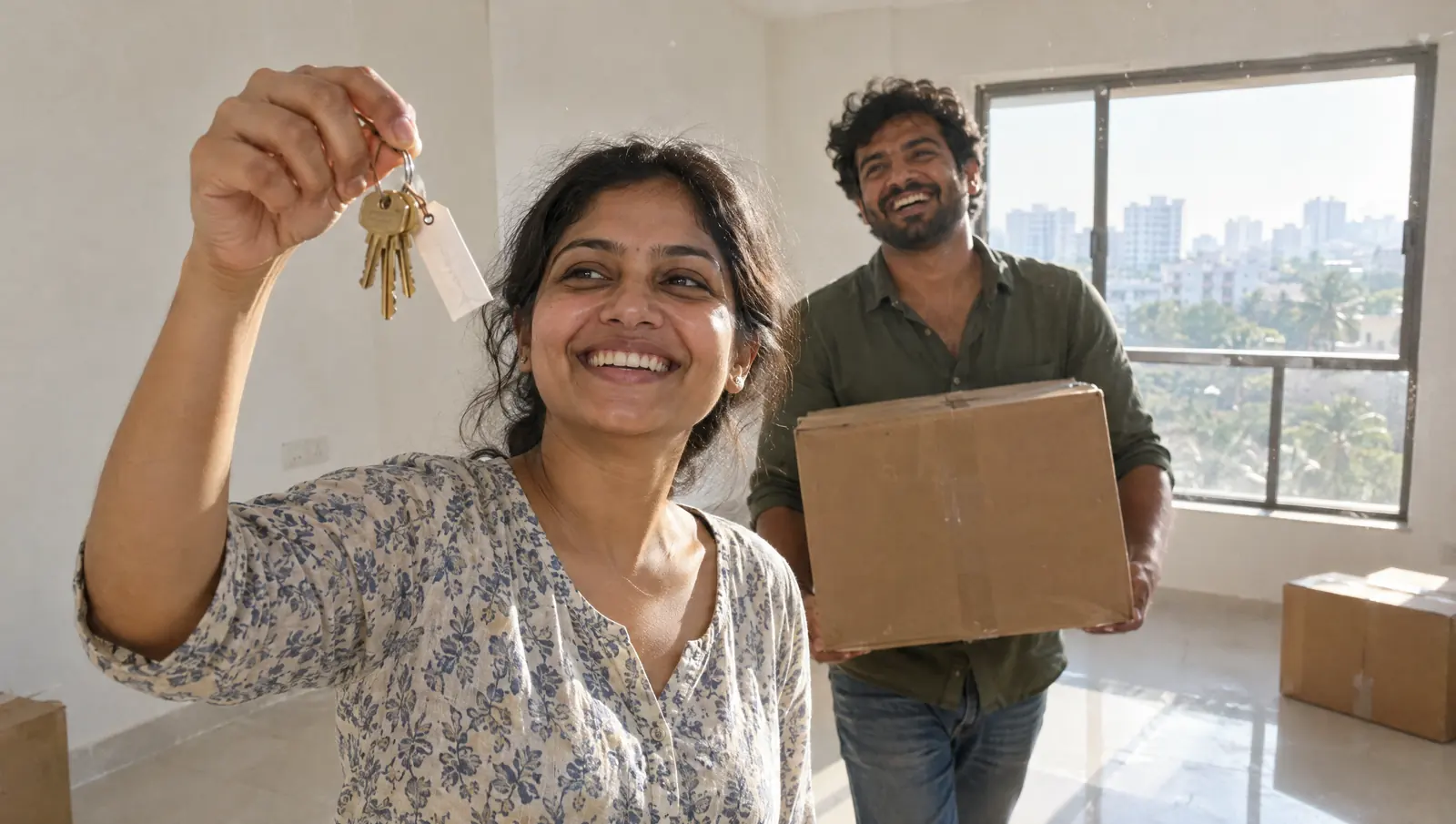 A woman holds up the keys to her new flat with a big smile while her partner carries in a moving box.